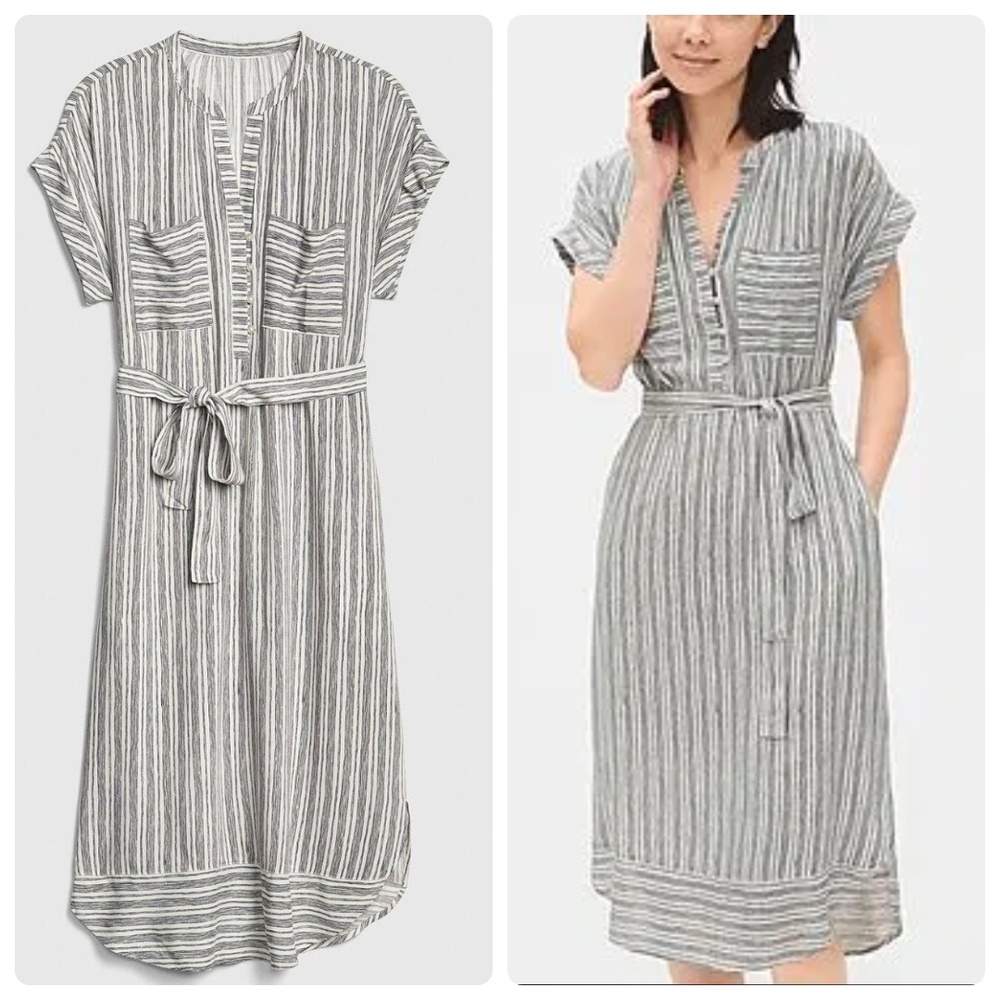 GAP Gray Striped Midi Dress Waist Tie Cap Sleeve Size XS